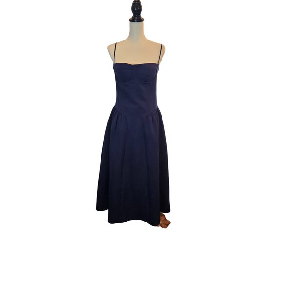 Women's Midi Dress W/ Voluminous Skirt, Adjustable Straps & Pockets  Sz: M Navy - Picture 6 of 16